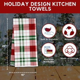 EB Plaid Christmas Design (2) Towels (1) Oven Mitt and (2) Potholders Decorative Kitchen Linen Set with Red Spatula for Dining Table Cooking Baking Drying Dish Heat Resistant Party Gift Decoration