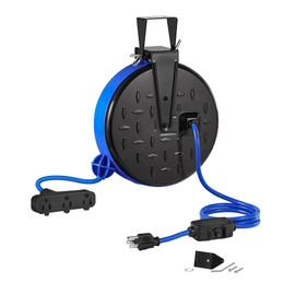 WILAWELS 30 Ft Retractable Extension Cord Reel, 16/3 Gauge SJTW Power Cord with 3 Electrical Outlets Pigtail for Garage and Shop, 10 Amp Circuit Breaker, Metal Plate, UL Listed, Blue U30CR06