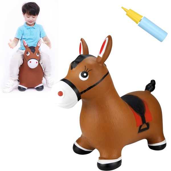 INPANY Bouncy Horse Hopper- Brown Inflatable Jumping Horse, Ride on Rubber Bouncing Animal Toys for Kids/Toddlers/Children/Boys/Girls (Pump Included)