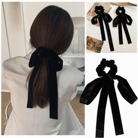 Set of 2, BetterJonny Velour Ribbon, Black, Velour Ribbon, Long, Velour Ribbon, Velour Ribbon, Hairband, Velour, Hair Accessory, Barrette, Bowknot Bow, Black Fabric, Girl Hair Ornaments