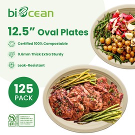 biocean 12.5 Inch Compostable Oval Plates [125-Value Pack] - Sustainable and Heavy-Duty Compostable Paper Plates, Natural Sugarcane Bagasse Biodegradable Plates, Natural Brown | biocean