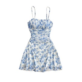 SHENHE Girl's Floral Ruched Spaghetti Strap Sundress Mesh A Line Flowy Boho Mini Dress Blue and White 14Y
