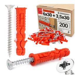 Dowel Set 6 x 30 with Screws 3.5 x 30 mm - 200 Pieces, Impact Dowels & Universal Dowels for Concrete, Brick, Hollow Blocks, Dowel Set with Countersunk Screws Lun Fix