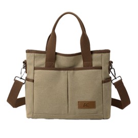 masamilk Canvas Tote Bag, Many Pockets, 3-Way Zippered, Canvas Shoulder Bag, Handbag, Lightweight, Handheld, Mini, Women's, Khaki