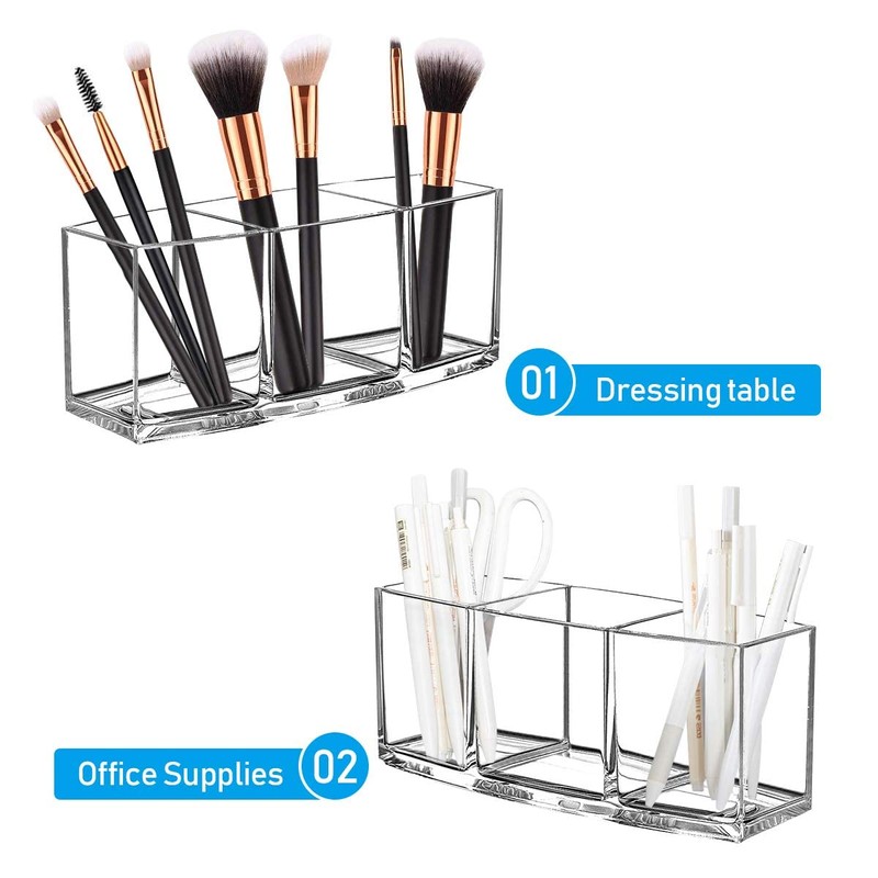 Top-Spring Makeup Brush Holder Organizer, 3 Slot Acrylic Makeup Brush