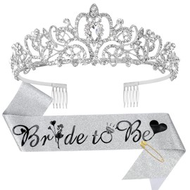 CIEHER Bachelorette Party Decorations Kit,Crown & Bride To Be Sash,Bride Crowns for Women,Bride Sash for Bridal Shower,Silver Tiara