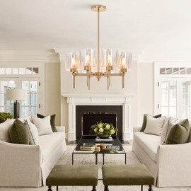 Afirstcght Brass Modern Chandeliers, Metal 8-Lights Chandelier Light Fixture with Amber Glass Shade, Hanging Pendant Lighting for Living Room, Dining Room, E26