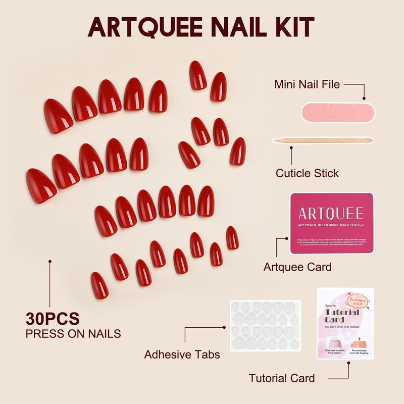 Artquee Red Almond Press on Nails Short Fake Nails Art