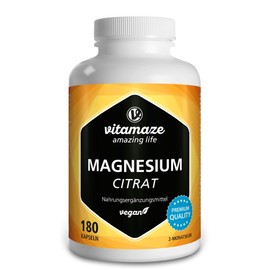 Magnesium Citrate Capsules High Strength & Vegan, 2250 mg of which 360 mg Elemental Magnesium per Daily Dose, 180 Capsules for 2 Months, Natural Supplement Without additives, Made in Germany