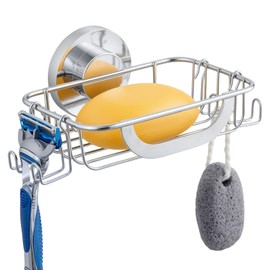 SWAMTIK Suction Cup Soap Dish with 4 Hooks, Stainless Steel Soap Holder, Rustproof Drill-Free Soap Saver Tray for Shower, Bathroom & Kitchen, Silver