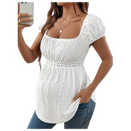 MakeMeChic Women's Maternity Clothes Square Neck Short Sleeve Eyelet Embroidery Pregnancy Summer Tops White XX-Large