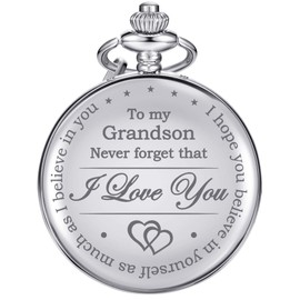 Memory Gift to My Grandson Pocket Watch, I Love You to Grandson Gift from Grandpa Grandma (Silver)