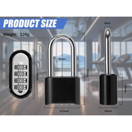 DAYGOS Outdoor Combination Padlock with 4 Digit Code, 51.5mm Heavy Duty Long Shackle Lock, [Weatherproof] Pad Lock with 8mm Thick, 56mm Length Steel Shackle for Garage, Gate, Shed, Fence, Black, 1Pcs