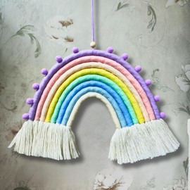Woven Rainbow Wall Hanging with Pompoms, Boho Room Decor, Nursery Hanging Ornament, Kids Room Wall Hanging, Handmade Macrame Art for Nursery, Kids Bedroom,Macrame Rainbow, (Purple)