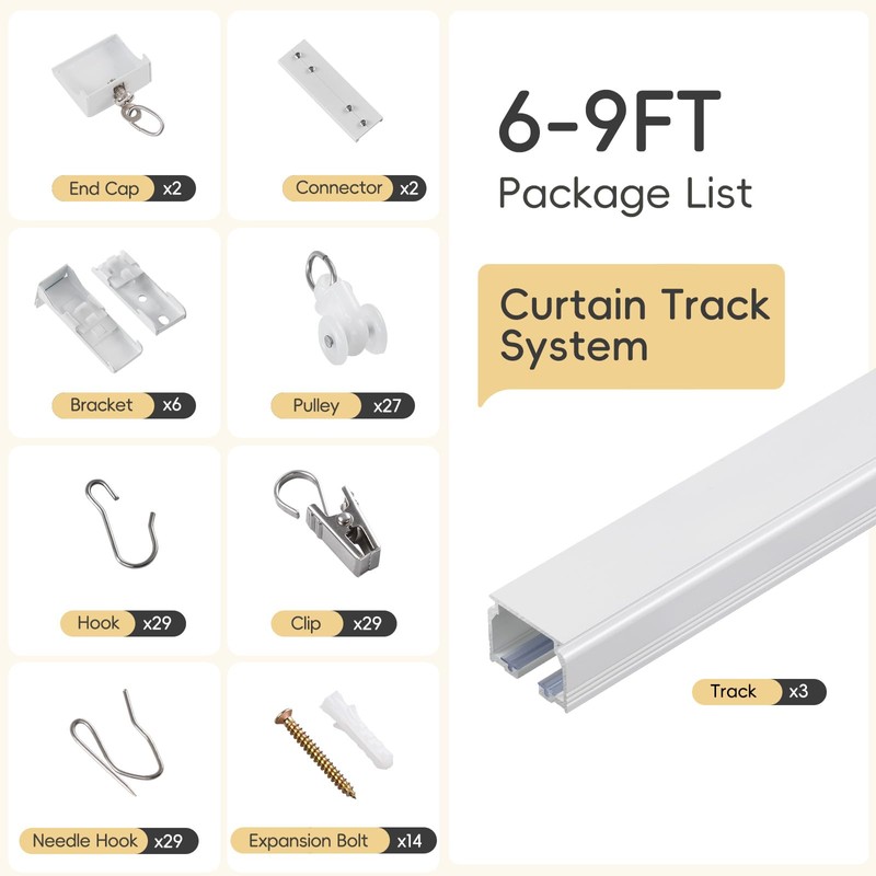 TEAKMAMA Ceiling Curtain Track,Heavy-Duty Silent Rail Set,6ft-9ft, White