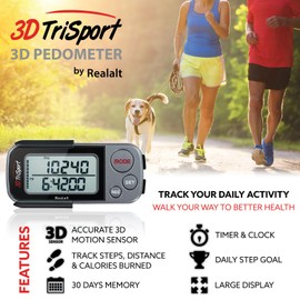 Realalt 3DTriSport 3D Pedometer, Accurate Step Counter with Clip and Strap (Grey)