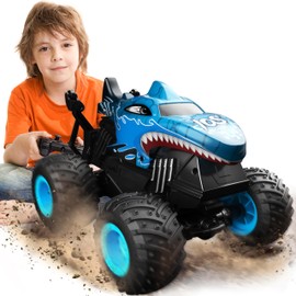 BEZGAR Monster Truck Toys - Remote Control Monster Truck with Light & Music, Dinosaur Toys for Kids, 1:20 Scale RC Truck with 360° Spins and Drifting, Remote Control Car for Boys (Blue)