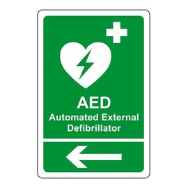 AED Safety sign - Automated External Defibrillator arrow left emergency sign - 1.2mm Rigid plastic for indoor/outdoor usage (300mm x 200mm) Viewing Distance within 7m.