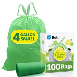 Reli. 4 Gallon Trash Bags Drawstring (100 Count) | Citrus Scented Small Trash Bags | Garbage Bags for Bathroom Can | 2 Gal - 3 Gallon - 4 Gal Small Trash Can Liners (Green)