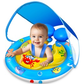iGeeKid Baby Swimming Float with Safety Tail Airbag & Removable Canopy​ - Extra-Wide Seat, Adjustable Baby Pool Float for 6-36 Months, Playful Bells Sound, UPF50+ Sun Protection (Infant Water Safety)