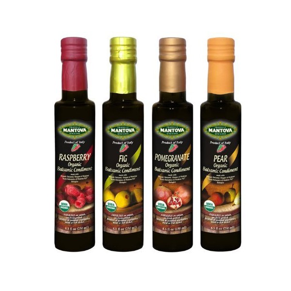 Mantova Organic Flavored Balsamic Vinegar of Modena 4-Variety Pack: Fig Pear Pomegranate & Raspberry; Perfect for Gift Basket Add to Pasta Salad Ice Cream and Cocktails 8.5 oz per bottle Pack of 10