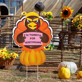 Otoolling Metal Turkey Stakes Thanksgiving Fall Outdoor Decorations Turkey Vegetarian Garden Stakes with Pumpkin Yard Signs for Garden Home Lawn Patio Autumn Decorations