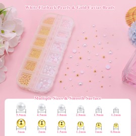 2Boxes Flatback Pearls (White+Beige) and Half Beads for Nails Art Flat Back Nail Pearls Gold Metal Caviar Beads Charms White Rhinestones Nail Mini Decoration Accessories Kit for DIY Nails Art Jewelry