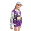 LOLANTA Kids 80' 90' Dance Costume Hip Hop Dance Clothes Girls Cute Sequin Zipper Jacket Short Sets with Tank and Socks (Purple, 10-12)