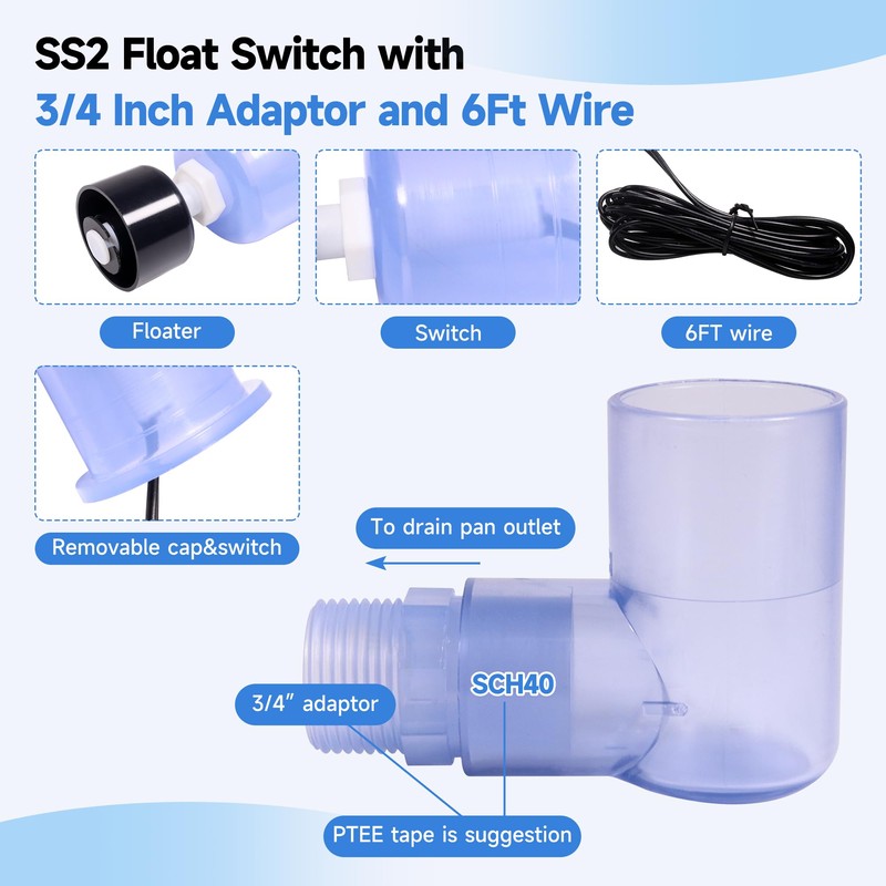 SS2 Float Switch with 3/4 Inch Adaptor and 6Ft Wire