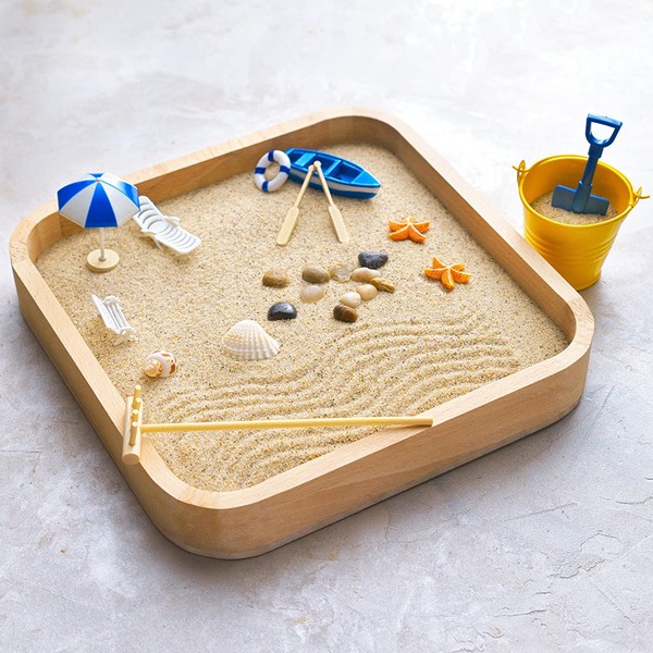 Mini Zen Garden Sandbox - Miniature Beach Zen Garden for Desk - Sand Tray Play Kit for Kids, Adults, Office - Desk Sand Box Gift Set with Natural Sand, Wooden Tray, Lid, Rakes, Rocks and Accessories