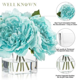 Artificial Peonies Flowers Arrangements in Cube Glass Vase, WELLKNOWN Silk Flower Centerpieces for Dining Room Table, Coffee Table Decor, Faux Peony Flowers with Faux Water(Light Teal Blue)