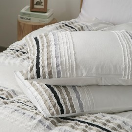 Ranunculus Tufted Queen Duvet Cover Set, Soft Duvet Cover with Button Closure & 2 Pillow Shams for All Seasons Stripes Textured (Black and Gray,90"x90")