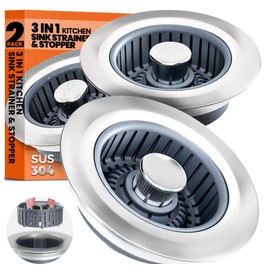 Nipoko 2 Pack 3 in 1 Kitchen Sink Drain Strainer & Sink Stopper Upgraded Stainless Steel Drain Plug with Anti-Clog Basket Drain Stopper Combo, Pop Up Sink Stopper for Standard 3-1/2' Drain