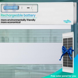 DENFOON Motorized Zebra Blinds, Solar Powered Dual Layer Automatic Shades with Remote Control, Rechargeable Smart Blinds Horizontal Wireless Electric Shades for Windows, Custom Size, White， 35 x 72