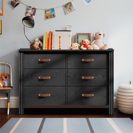 WAMPAT Dresser for Bedroom with 6 Drawers, Black Kids Dressers with Wide Chest of Drawers, Modern Baby Closet Storage Organizer, Wood Dressers for Living Room, Nursery, Hallway