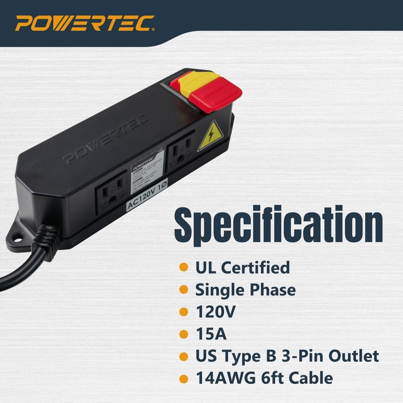 POWERTEC Dual Outlet Power Tool Safety Switch - 120V 15A