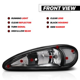 M-AUTO 2PC OE Style Headlamps Compatible with 99-05 Pontiac Grand Am, Left & Right Black Housing Clear Corner Headlights Assembly