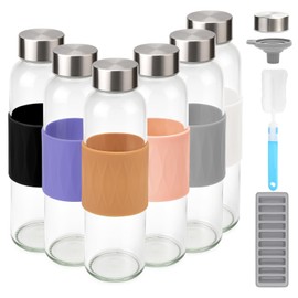 Zukro Glass Water Bottles with Lids 18 oz, Reusable Clear Juice Bottles Stainless Steel Airtight Cap for Juicing, 100% Leak Proof Juice Drinking Jar With Sleeve for Refrigerator, BPA Free, Set of 6