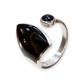 Fly Style 925 Silver Women's Open Ring Adjustable 925 Silver Ring with Stone or Shell Inlays, Shell, Onyx