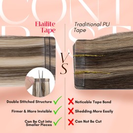 Elailite Tape in Hair Extensions Human Hair Thick Real Remy Hairpieces Medium Brown & Dark Blonde 20 Inch 50g 20pcs Straight Invisible Seamless Skin Weft Best Tape for Women