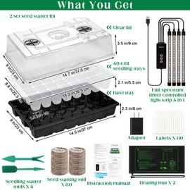Hahood 2 Set Seed Starter Kit 40-Cell Seed Starter Tray with Grow Light Full Spectrum Seedling Heat Mat 40 Peat Pellets Seed Starting Soil Plant Label Garden Tool for Germination Seeds Growing, Black
