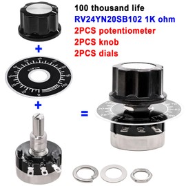 Taiss 2pcs RV24YN20S 1K Potentiometer Single Turn Carbon Film Rotary Taper Potentiometer Used for Inverter speed regulation. Motor speed control + 2pcs A03 knob + 2pcs dials (B102 1K ohm)
