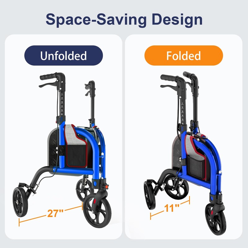 SUCCU 3 Wheel Walkers for Seniors, Foldable Narrow Wheeled Rollator,