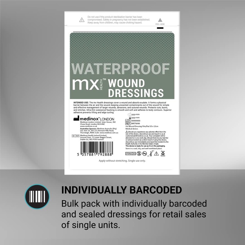 mx HEALTH Waterproof Wound Dressing Film+PAD - 10X12CM (5X6CM Wound
