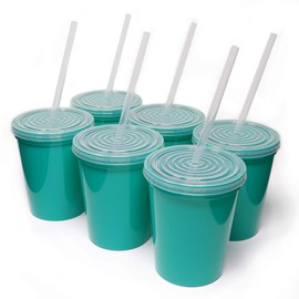 Rolling Sands 16 Oz. Reusable Plastic Stadium Cups with Lids, 6 Pack, USA Made Tumblers and Lids, Includes 6 Reusable Straws; Dishwasher Safe, Teal