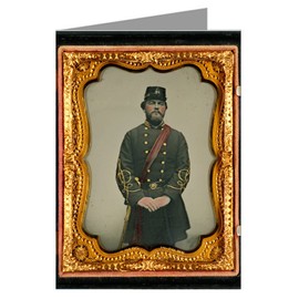 Single Vintage Greeting Cards of Southern Civil War Soldier in Captain's Uniform, red sash, and Kepi Marked V.V. from Civil War