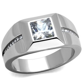 Marimor Jewelry Men's Stainless Steel 316 Cushion Cut Cubic Zirconia Flush Setting Ring Size 9