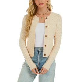 Enjyam Women's Long Sleeve Cropped Knitted Sweater Cardigan Button Down Open Front Knitted Shrug Sweaters Beige