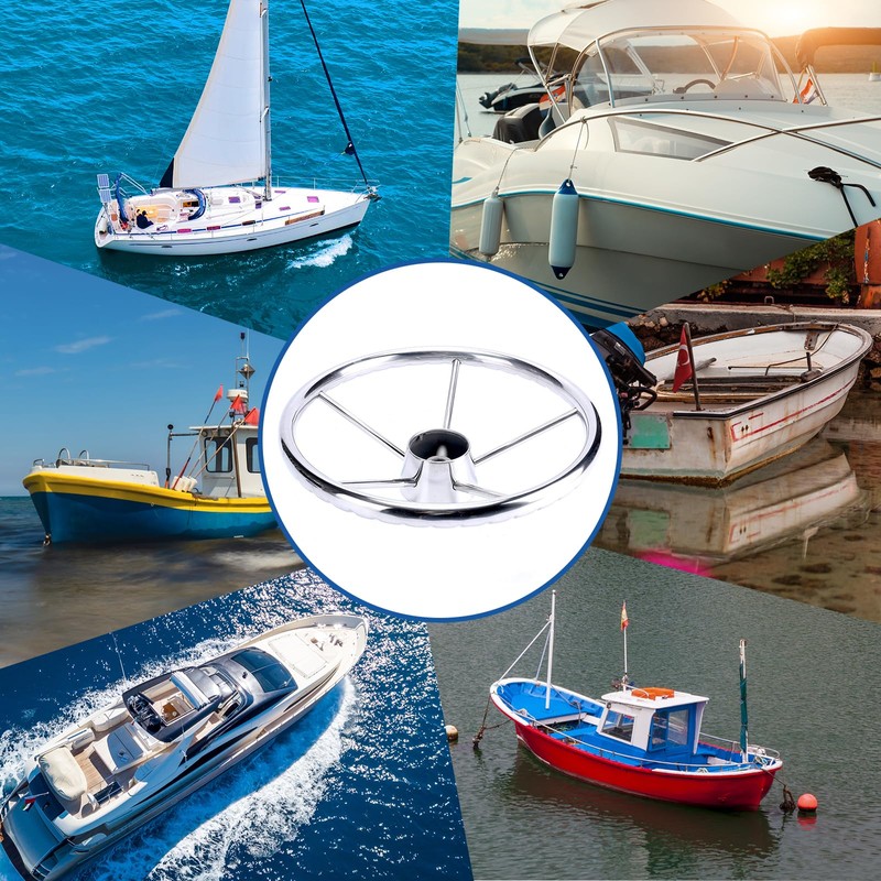 Amarine-made13-1/2 Inch 5-Spoke Destroyer Style Stainless Boat Steering Wheel