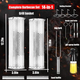 Vocloud Grill Basket-Rolling Grilling Accessories,2 Pcs Thickened Stainless Steel Grill Baskets for Outdoor Grill,BBQ Accessories for Meat and Vegetables,Birthday Gifts for men Dad,Fathers day gifts